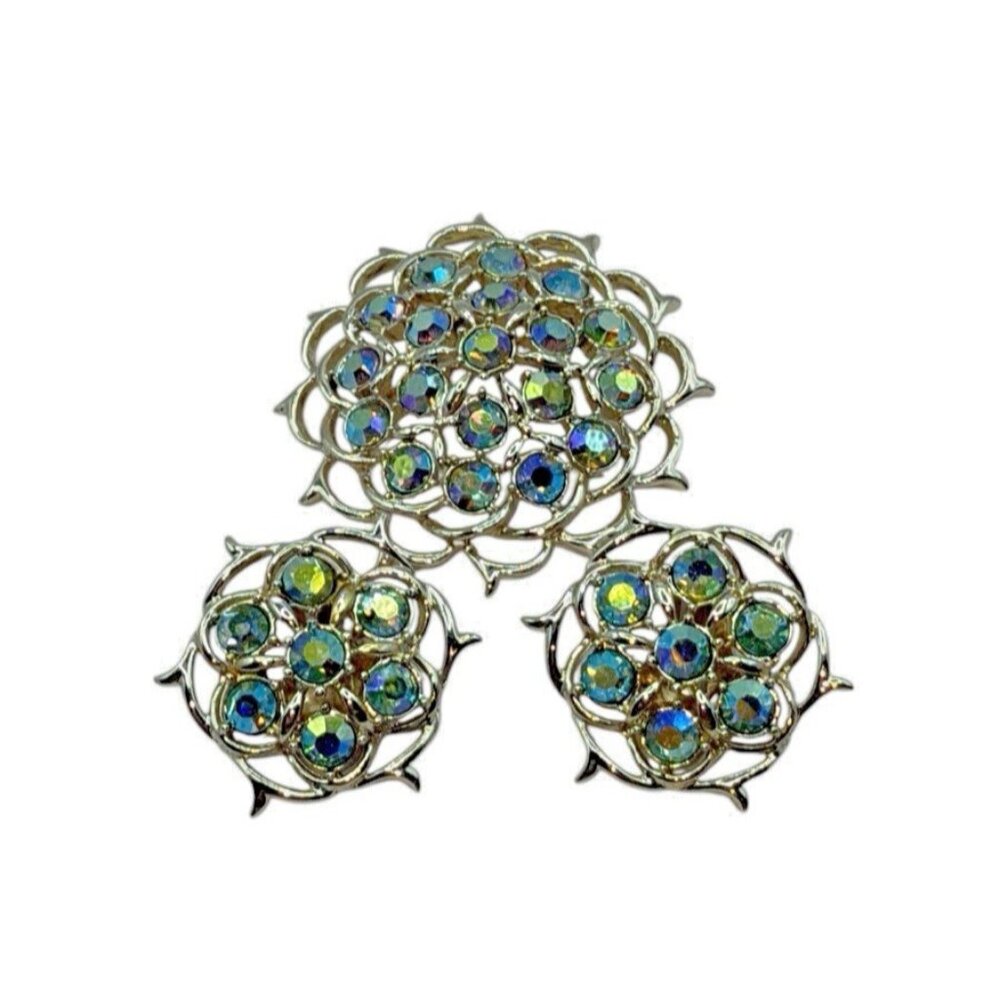 Sarah Coventry Vtg Aurora Borealis Rhinestone Limelight Pin  Brooch Earrings Set - Picture 7 of 7